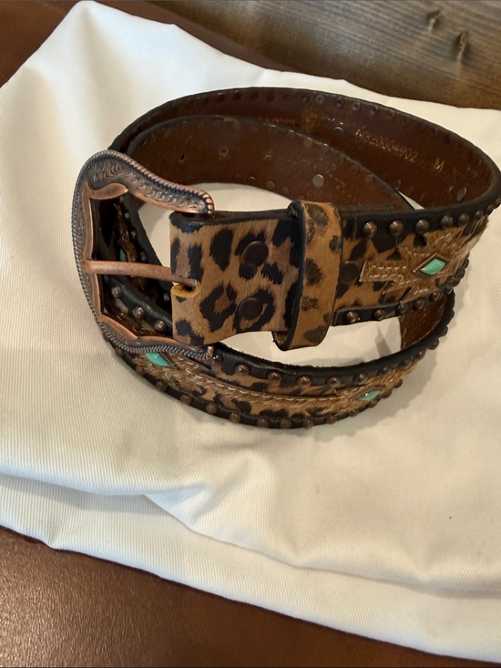 Nocona Accessories - Nocona Brown Leopard Print Leather Belt with Calf Hide and Turquoise Accents
